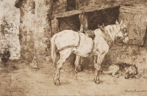 Charles Collins, Horse, Dog and Hens in front of Barn