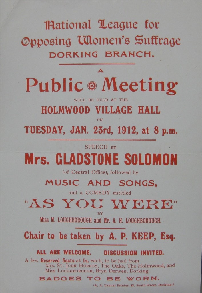Poster for the National League for Opposing Women’s Suffrage, Dorking branch.
