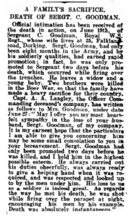 Charles Goodman. Dorking Soldier. WW1