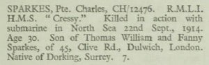 Charles Sparkes Chatham Memorial Roll of Honour © CWGC.org