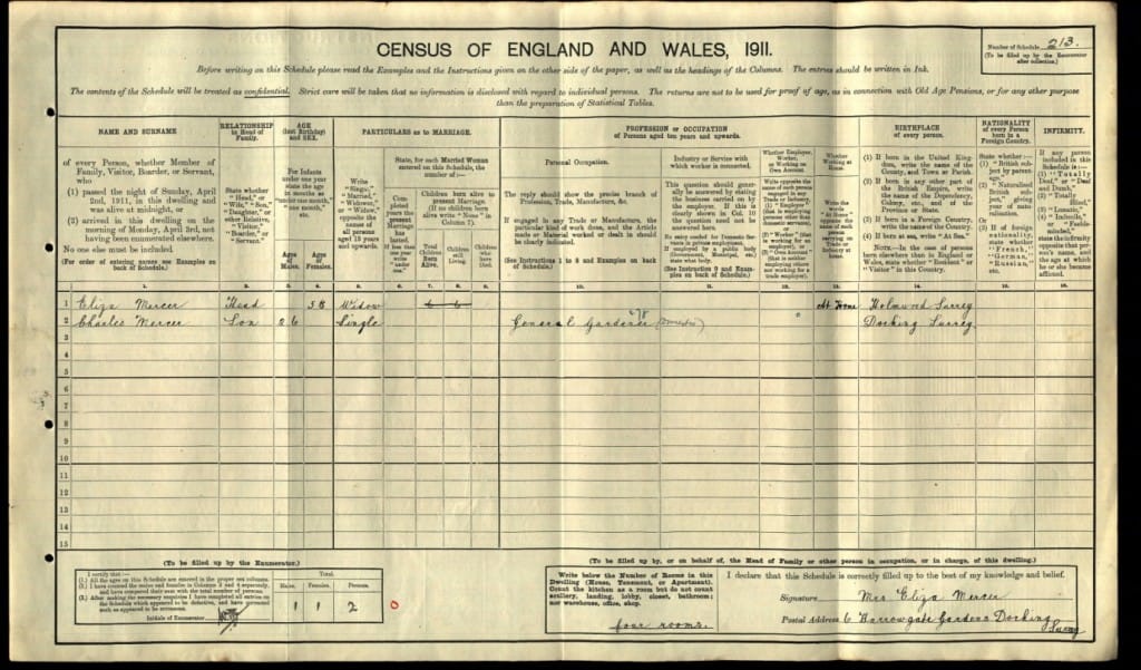 Charles William Mercer 1911 Census © ancestry.co.uk