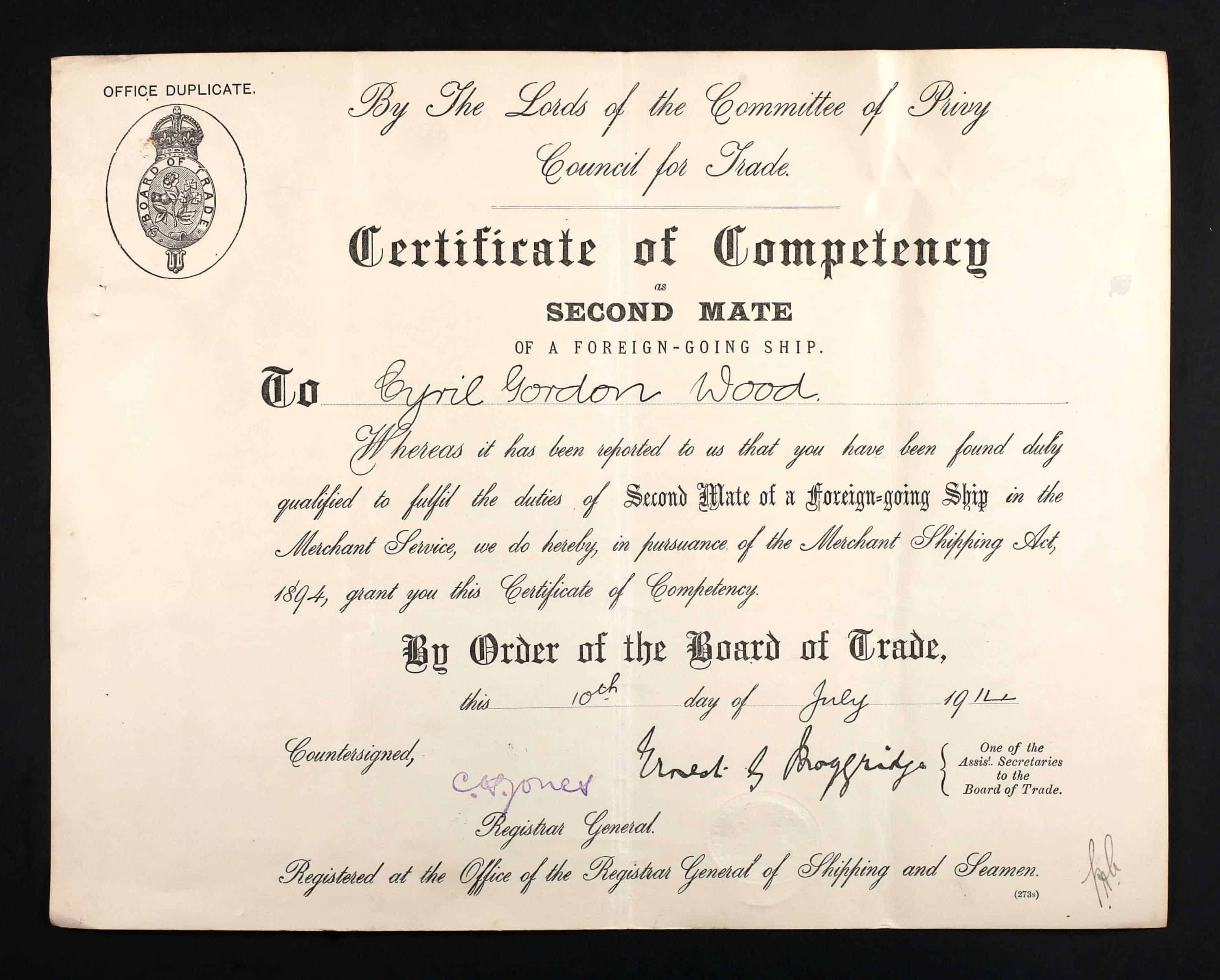 Cyril Wood Mates Certificates © Ancestry.co.uk Dorking