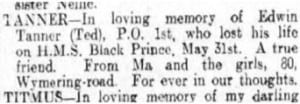 Edwin Tanner Family Death Notice © Portsmouth Evening News findmypast.co.uk