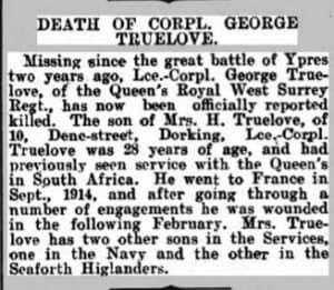 George Truelove Death Notice © Dorking Advertiser ancestry.co.uk