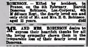 Harold Robinson Death Notice Dorking Advertiser © findmypast.co.uk