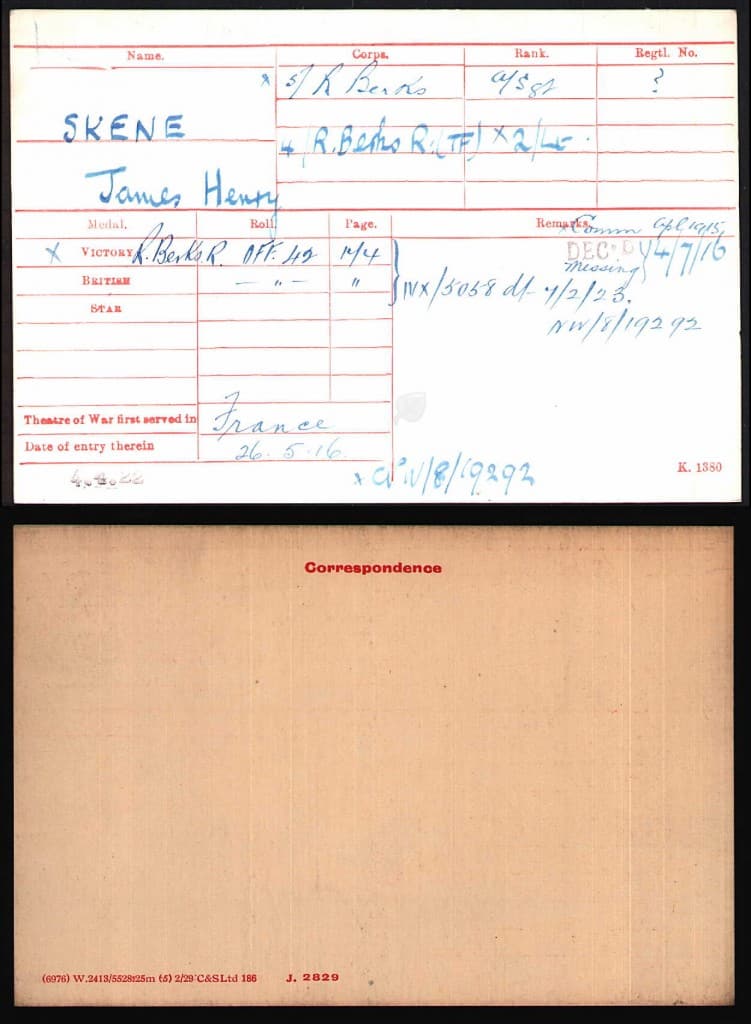 J H Skene Medal Card