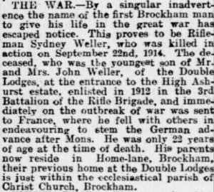 Sydney Weller Death Notice 21st February 1919 Surrey Advertiser © Local World Limited:Trinity Mirror. Image created courtesy of THE BRITISH LIBRARY BOARD.
