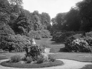 View of the gardens c.1930 showing the Deepdene Coade stone lion. © Surrey History Centre